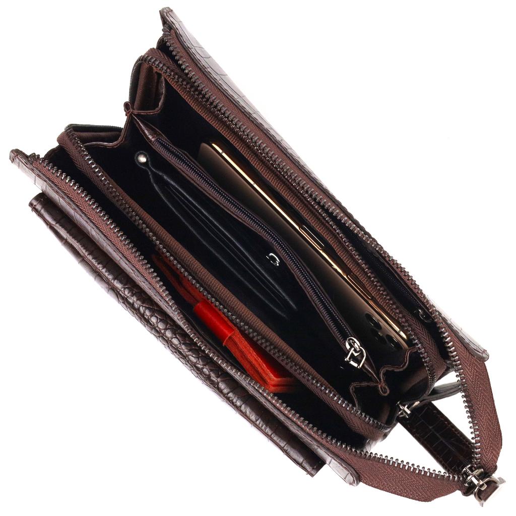 Pohodlná spojka pro muže z pravé texturované kůže s krokodýlím embosováním CANPELLINI 21561 Brown