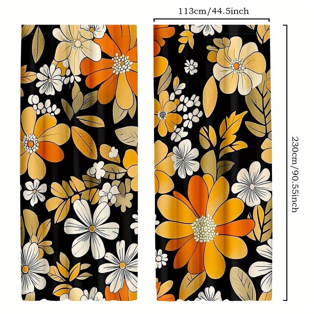 2Pcs Groovy 70S Boho Floral Blackout Curtains, Traditional Orange Flower Design, Semi-Sheer Polyester Rod Pocket Drapes For Livi
