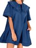 Womens Summer Denim Mini Dress Peter Pan Collar Short Sleeve Babydoll Dress