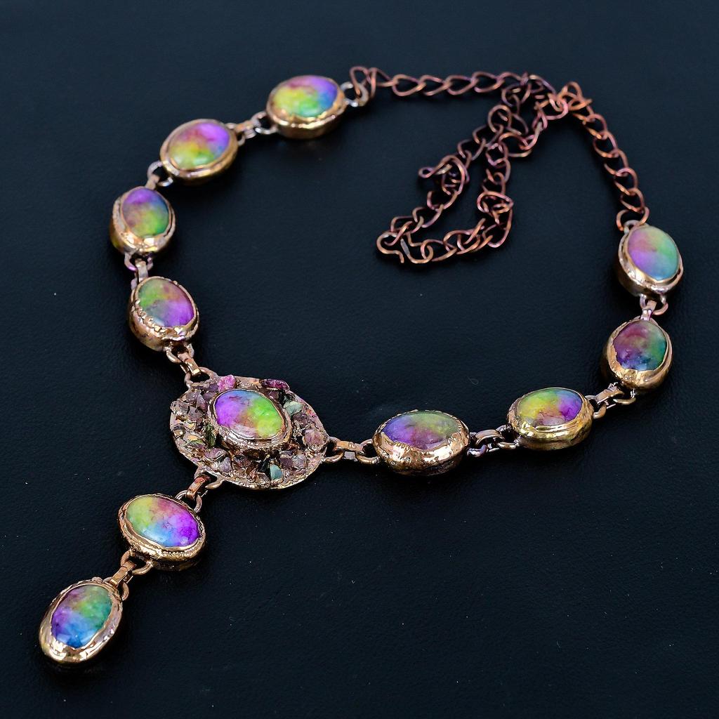 Rainbow Solar Quartz Copper Electroformed Necklace Adjustable, Chain Necklace Handmade Gemstone, Gift For Mom Antique Jewelry