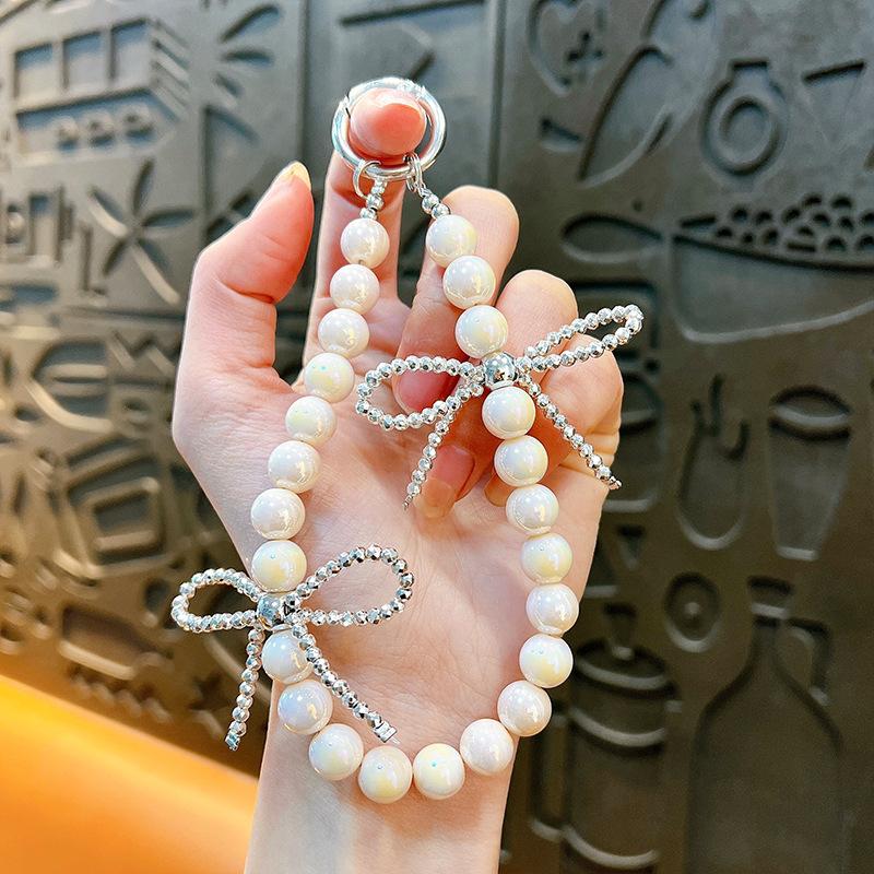 Flash Beaded Mobile Phone Chain Crystal Bow Key Bag Lanyard Pearl Mobile Phone Lanyard Small Gift