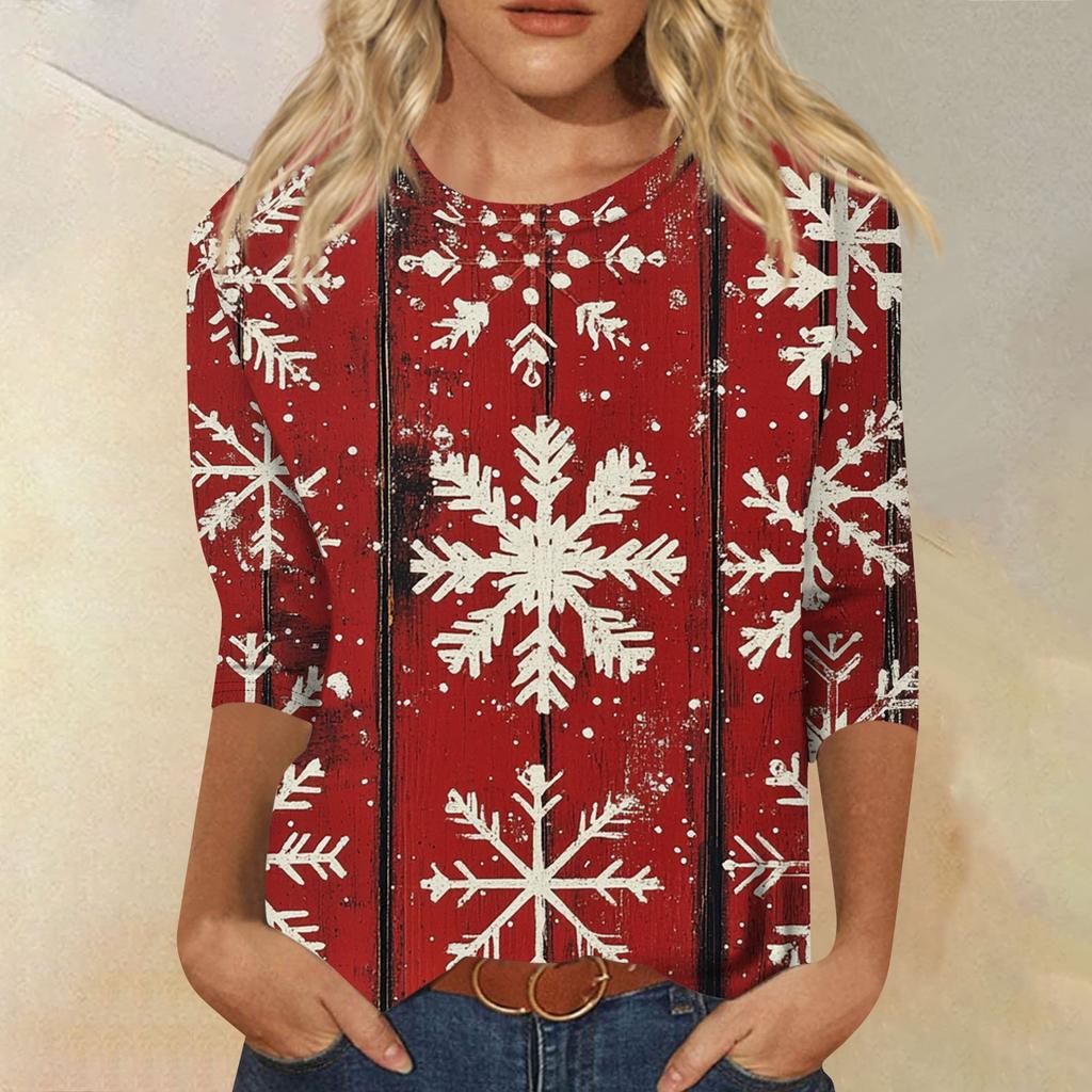 Damenmode, lässiges Oberteil mit sieben Ärmeln und Weihnachtsdruck, Rundhalsausschnitt