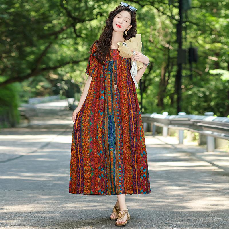 New Bohemian ethnic style short-sleeved summer cotton and silk dress loose fashion large size artificial cotton long skirt