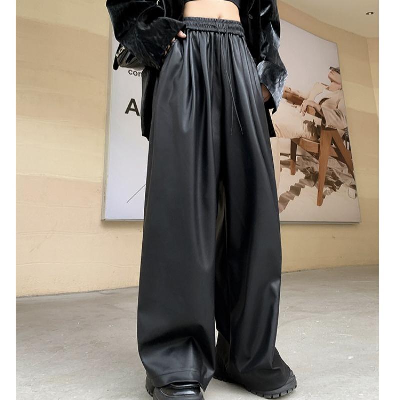 Pantalones de Moda Urbana Negros de Cuero PU de Pierna Ancha para Mujer Sólidos Rectos Sueltos Casuales Pantalones Elegantes de Cintura Alta Ajustados Vintage para Dama 25620