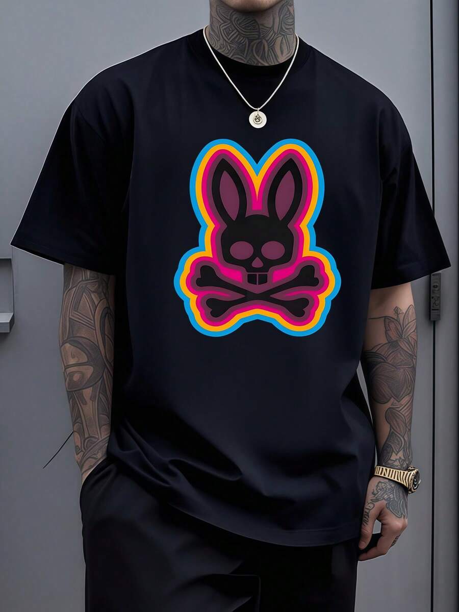 

Neon Bunny Skull With Crossbones Symbolizing Playful Rebellion And Fearless Attitude Graphic Unisex T-Shirt XXXL