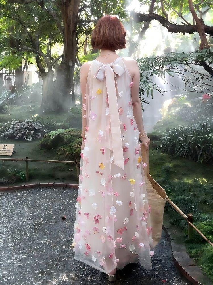 Women's Sleeveless Halter Neck Dress with 3D Floral Lace - Spring/Summer Fairy Style Beach Dress