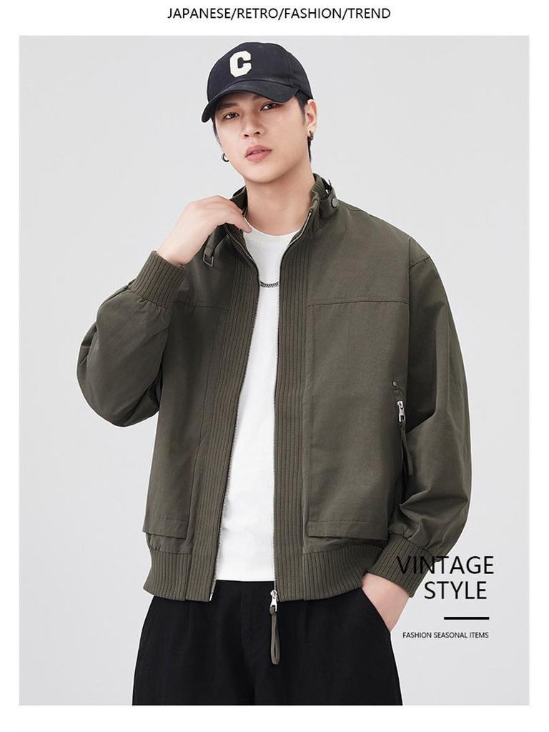 Męska kurtka robocza w stylu amerykańskim z kołnierzem stojącym - Jesienna modna luźna kurtka typu pilot