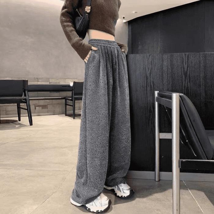 

[Bright silk chenille] diagonal striped wide-leg casual pants women s autumn and winter high waist drape straight floor long pants XL