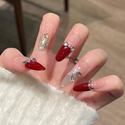 Handmade High-End Red Butterfly French Nails - Detachable Wearable Art Tips for New Year