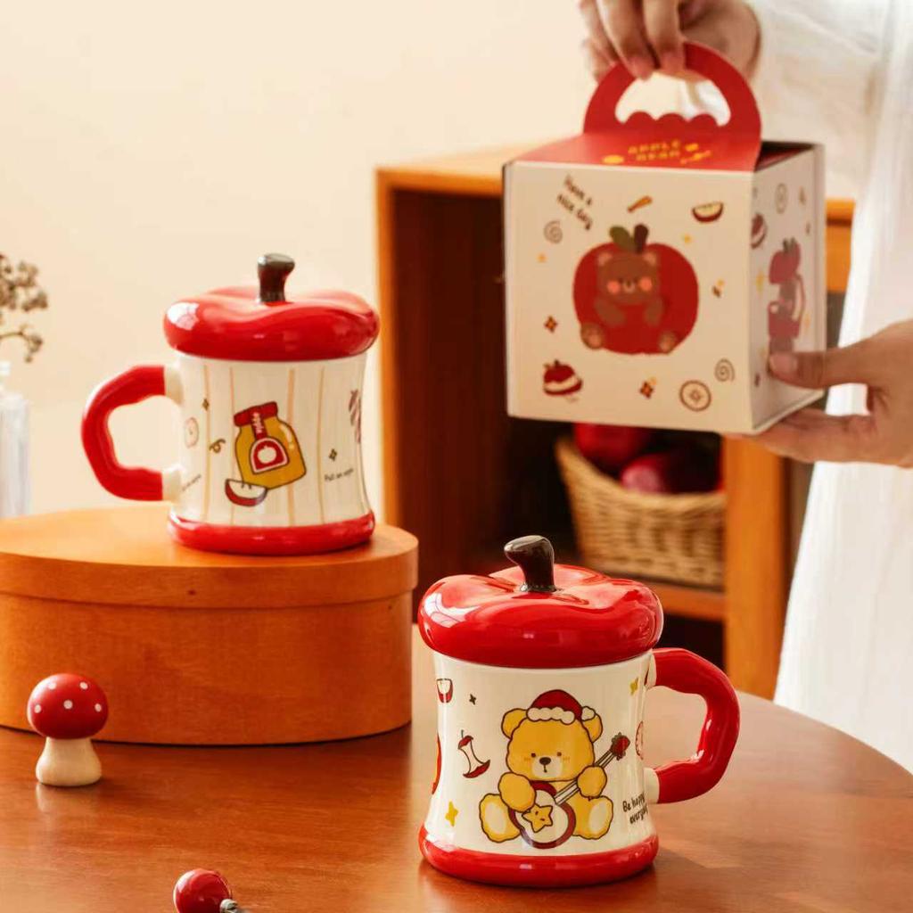 Creative Covered Ceramic Cup Apple Bear Mug Love Lover Souvenir Set Large Capacity Water Cup with Handle