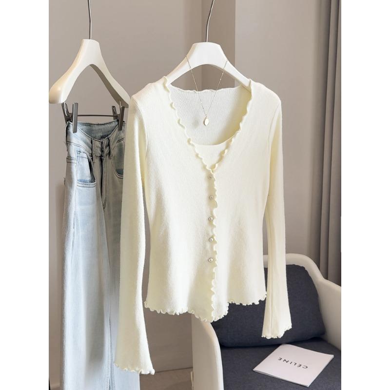 

Осень Зима Поддельный Двойной Сплошной Цвет Пуловер Свитер Женский Повседневный Модный Все-сочетающийся Вязаный Топ onesize абрикосовый