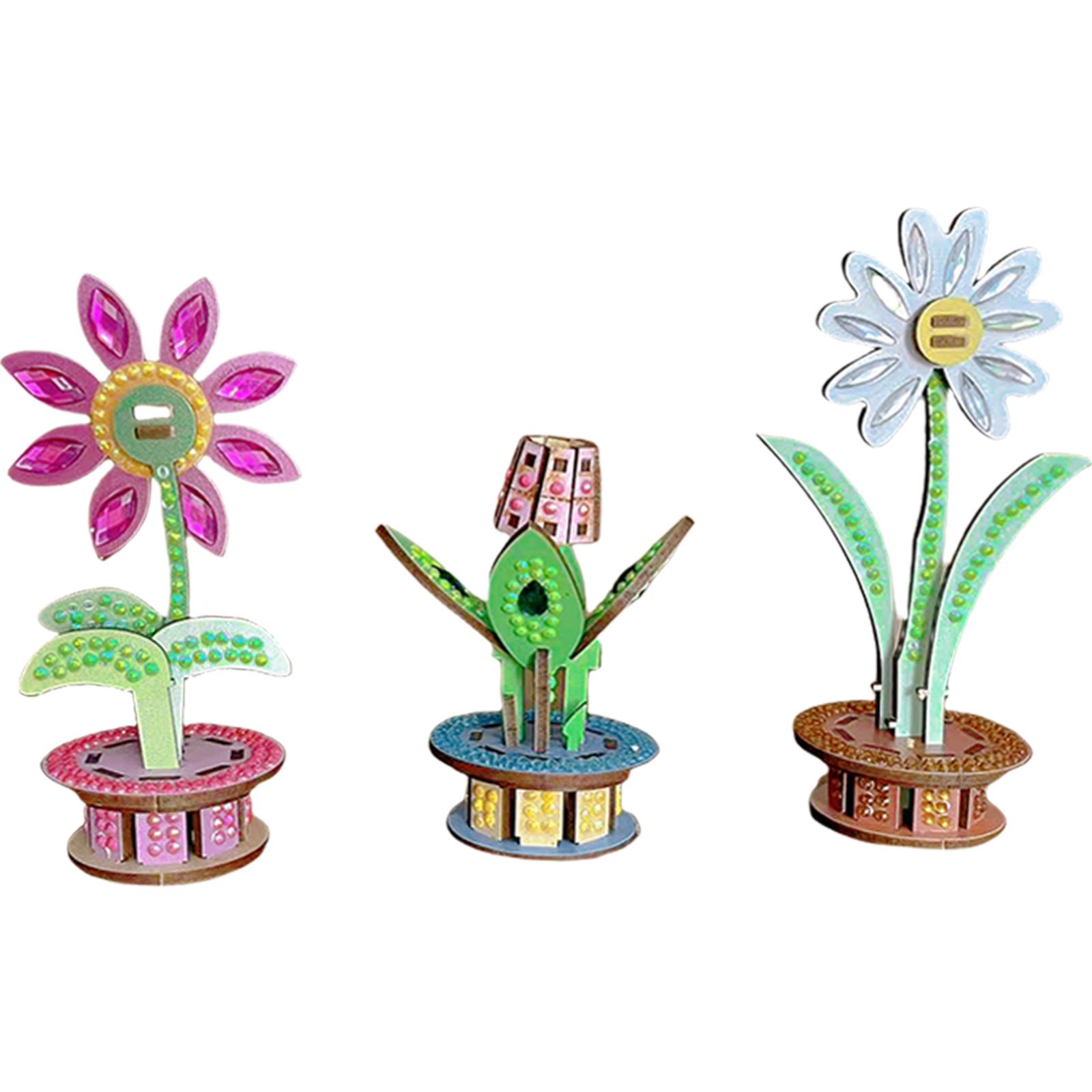 

3pcs 3D Puzzle DIY Wooden Flower Diamond Art Diamond Painting Ornament Wooden Flowers for Crafts for Adults Home Table Decor