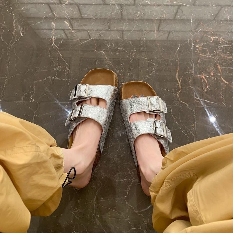 Da Mimi Bokenxia one-word soft leather burst pattern thick bottom cool slippers wear beach girl