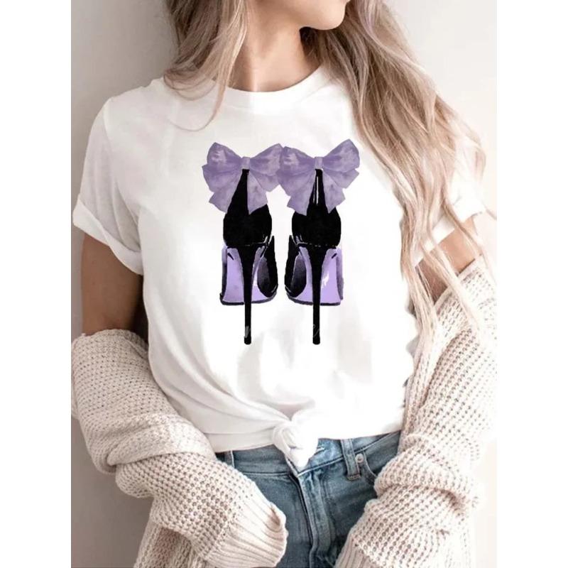 Modisches bedrucktes High-Heel-T-Shirt für Damen Modisches weißes Kurzarm-T-Shirt mit Schleifendesign Lässiges Home-Top für Mädchen