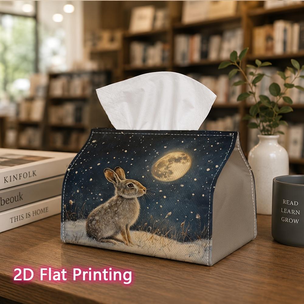 1pc, 2D Flat Printing, Tissue Box Winter Grassland Under Moonlight And Wary Rabbit Pattern Printed Tissue Box, Durable Decoration, Living Room, Bedroo