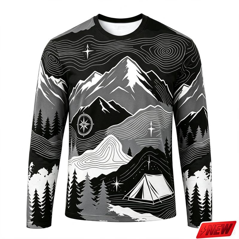 Men's Outdoor Camping Long Sleeve T-Shirt Mountain Forest Casual Crew Neck Top 3d Print Natural Landscape Graphic Tee Hiking