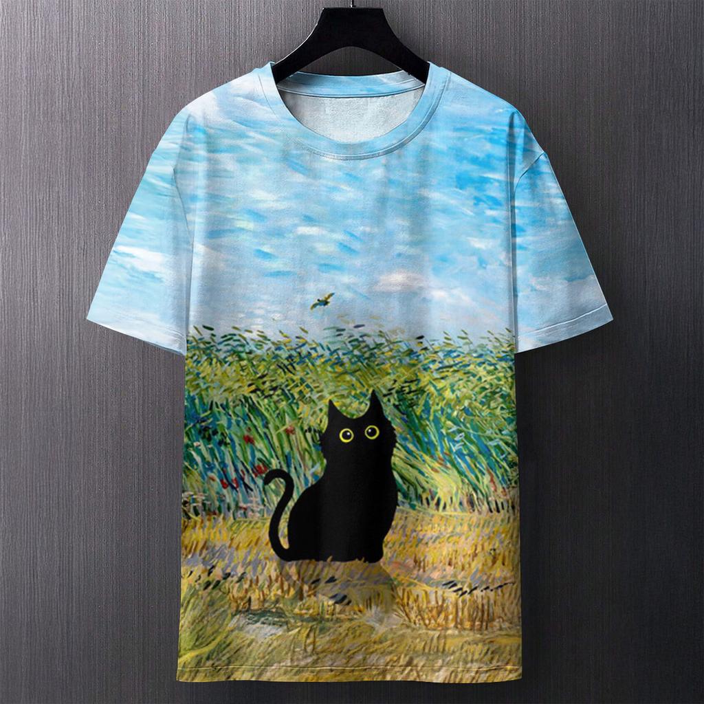 Summer Round Neck Artistic Cat and Floral Pattern 3D Print Top Fashionable Casual Short Sleeved Men's T-shirts
