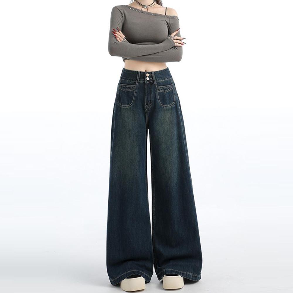 Versatile design sense fashionable mopping jeans women's spring and autumn new loose Hong Kong style wide leg jeans tide