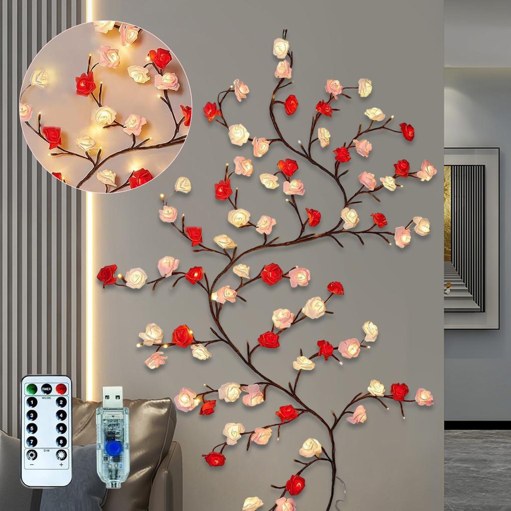 Rose LED Zweiglichter für die Wand, Rose Blumengirlande Zweigdeko Girlande mit 144 LED Lichtern und Fernbedienung, 8 Beleuchtungsmodi, Weihnachtsdekorationen Innen