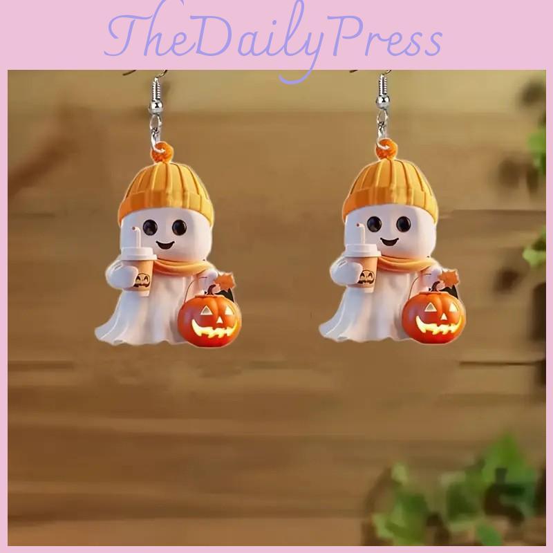 Themed Halloween Cartoon Ghost Milk Tea Pumpkin Pattern Women Earrings Acrylic