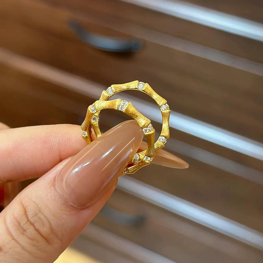 Foydjew Italian Vintage Jewelry Bamboo Design Gold Color Rings Stud Earrings Bracelets Bangles Jewelry Sets for Women