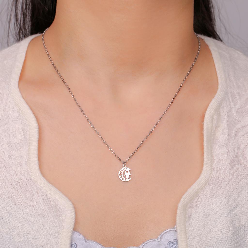 LIKGREAT Arabic Hamsa Hands Necklace Women Men Amulet Crescent Moon Hand of Fatima Evil Eye Stainless Steel Islamic Jewelry