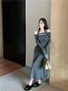 Sexy Pure Desire Style Spice Girl Long-sleeved Dress Women's Autumn New One-word Shoulder Neck High Waist Medium and Long Skirt Tide