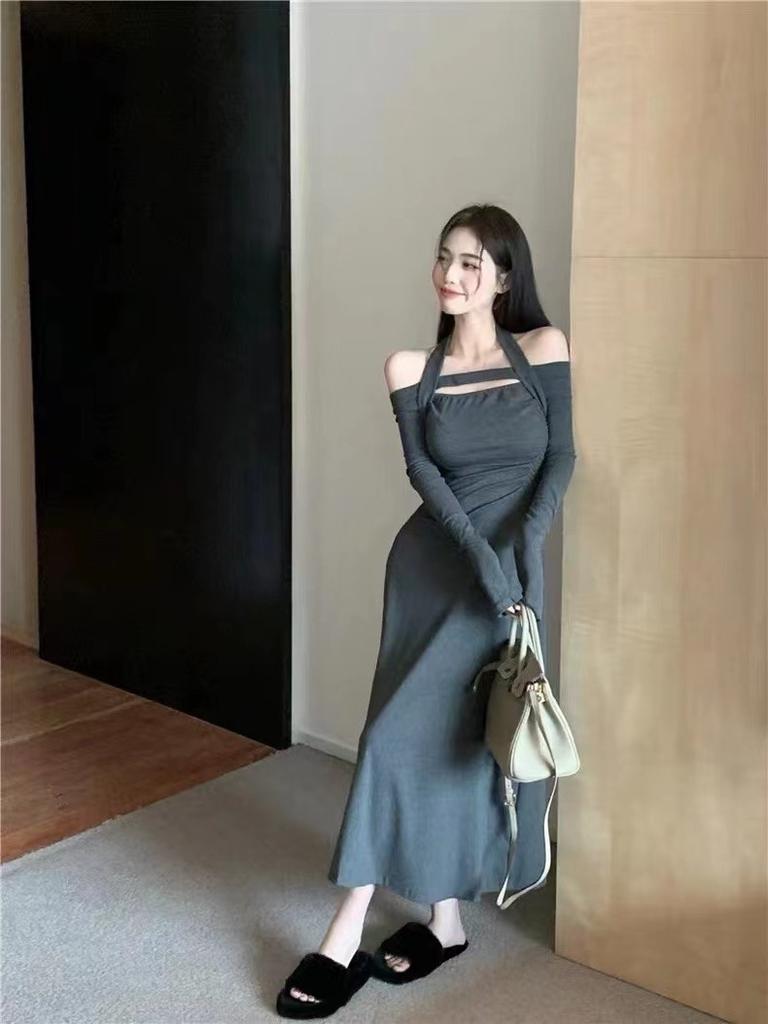 Sexy Pure Desire Style Spice Girl Long-sleeved Dress Women's Autumn New One-word Shoulder Neck High Waist Medium and Long Skirt Tide