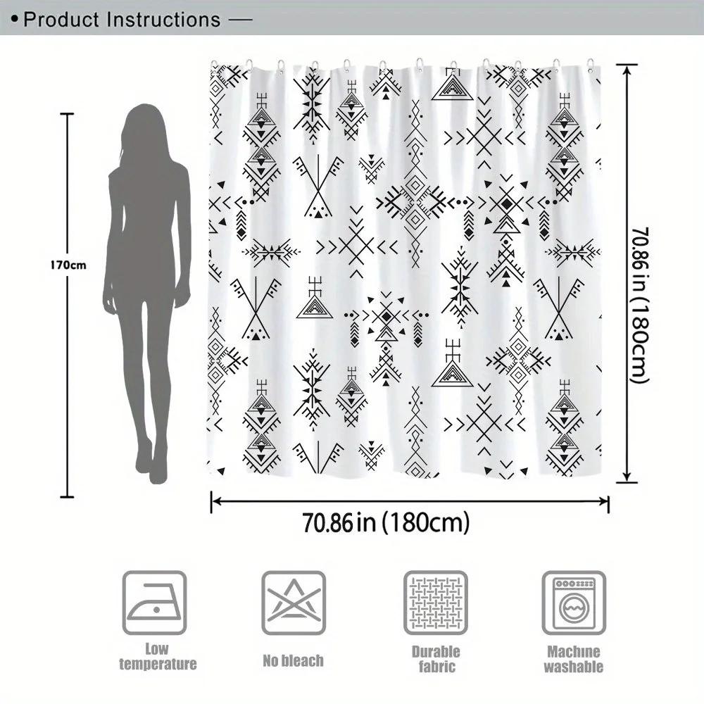Black Tribal Geometric Shower Curtain - 70x70 Inches, Polyester, Machine Washable, Modern Minimalist Design,  Fashion Theme