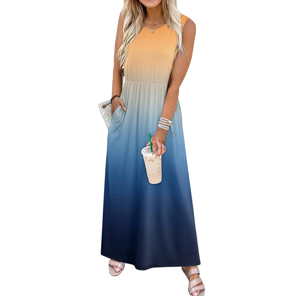 Ladies' Gradient Printed Casual and Fashionable Waist Cinched Sleeveless Dress