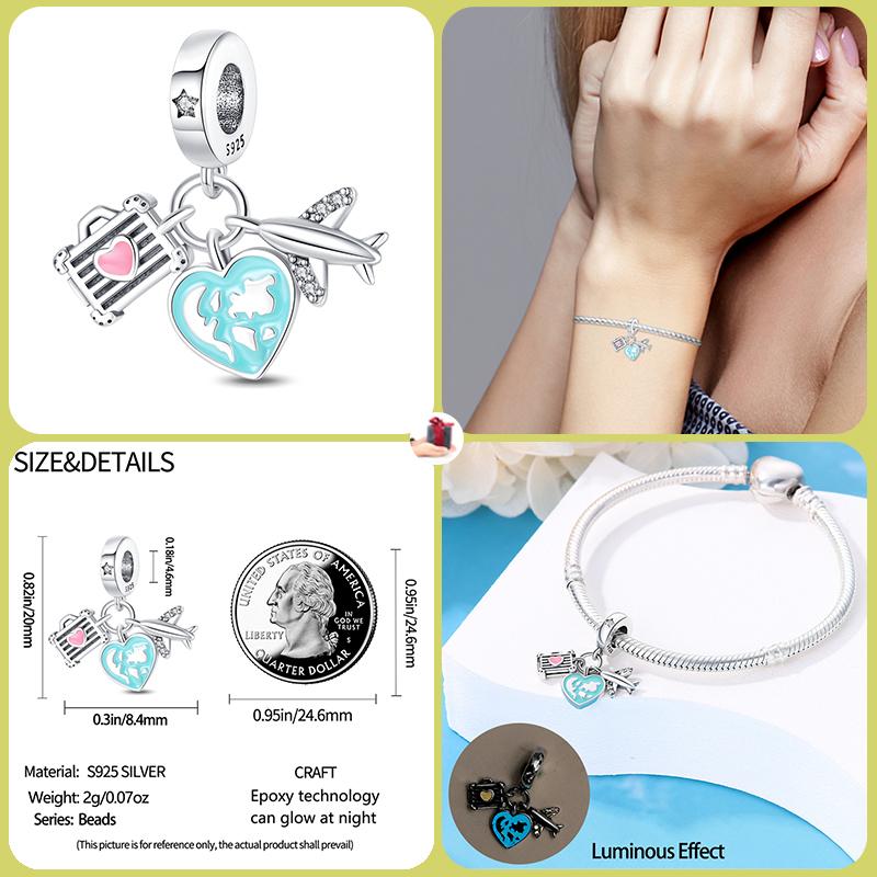 925 Silver Globe Airplane Charm Beads For DIY Bracelet Making Ladies Jewelry 3mm Original Design