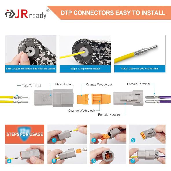 JRready ST6285 Deutsch DTP Connector Kit Size 12 Waterproof 25 Amp - 10 Sets 2 Pin Connector Kit with 20 Pairs 16-12 AWG Solid Contacts Male and