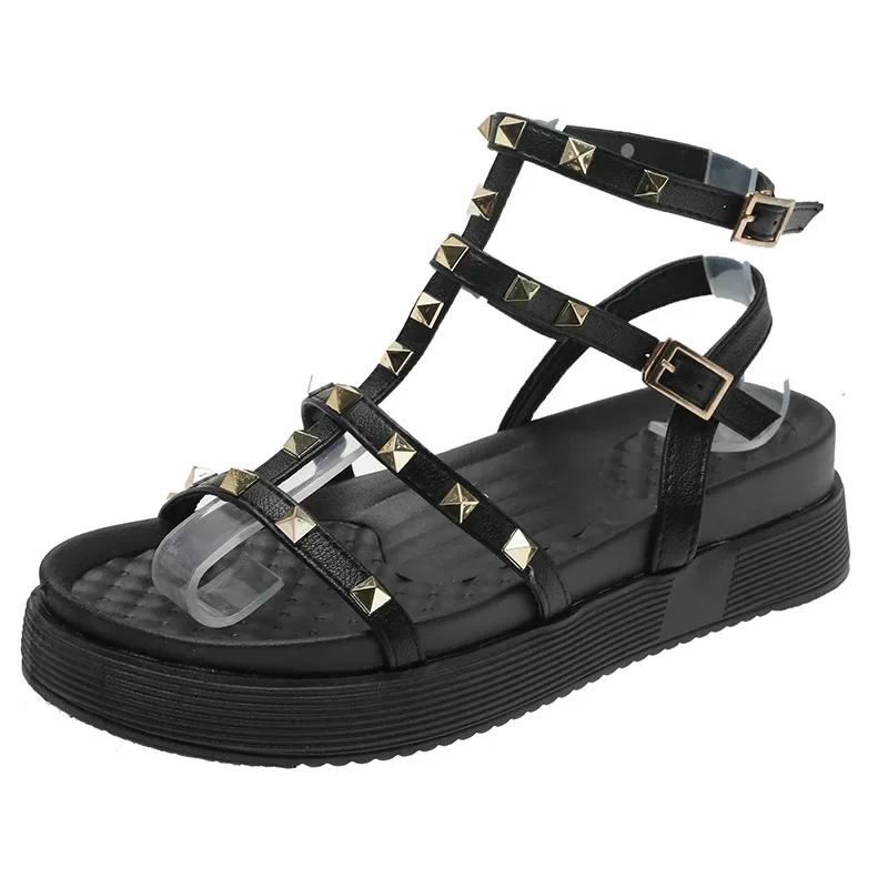 Sandals Women's New Summer Platform Roman Rivet Flat Bottom Shoes Casual Ankle Buckle Open Toe Heighten Black Sandales Zapatos