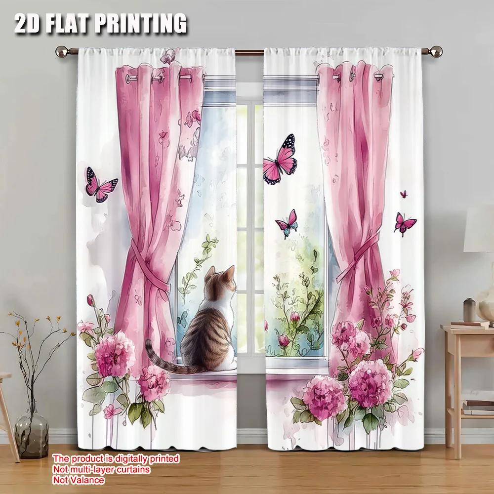 

Set Of 2 Flat Printing Curtain Scene Animal Cat Versatile Fabric Without Electricity Room Decor Aesthetic Polyester W100*H70(CM)-Grommet top&1PCS