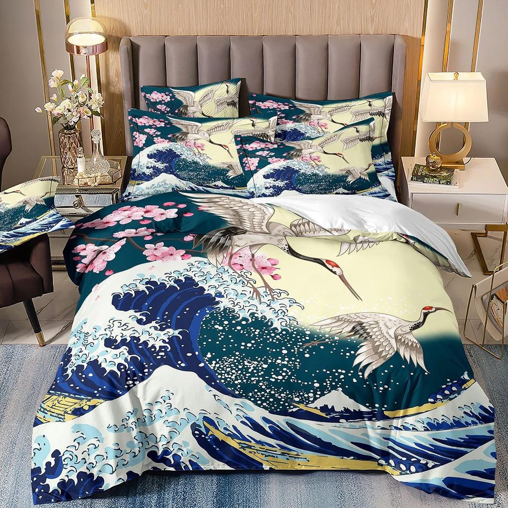 Japanese Scenery Art Bedding Set 3D Printed Crane Duvet Cover Set Single Double Twin King Size Teens Adults Mountain Exotic Art