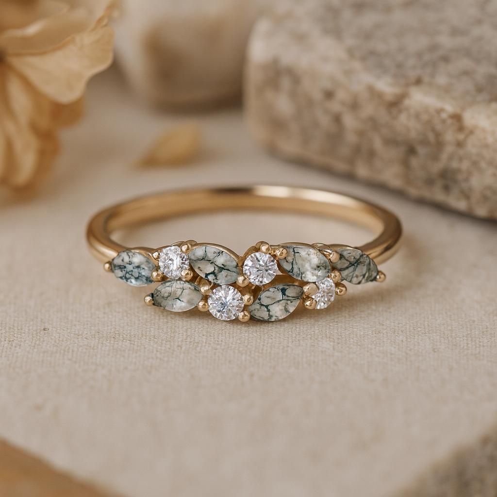 Moss Agate Leaf Band Ring, Yellow Gold Plated 925 Sterling Silver, Marquise and Round Stone Bridal Jewelry, Anniversary Gift for Her