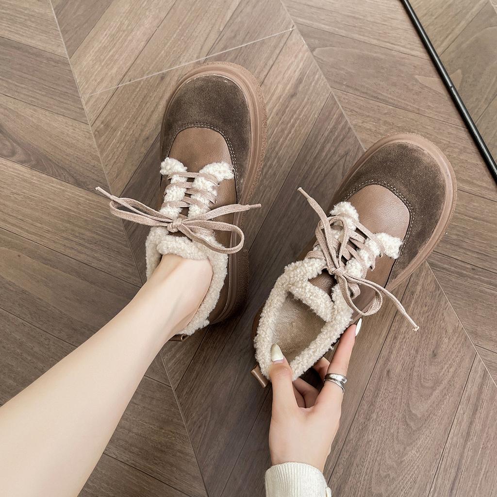 New Spot, Platform Cotton Shoes Women's Thick Heel Retro Winter Plush Warm Fluffy Shoes Lace-up Small Leather Shoes
