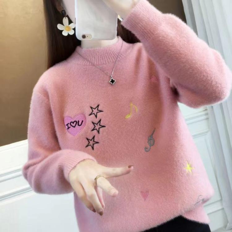 Women's Loose Embroidered Cashmere Sweater with Music Notes, Knitted Top