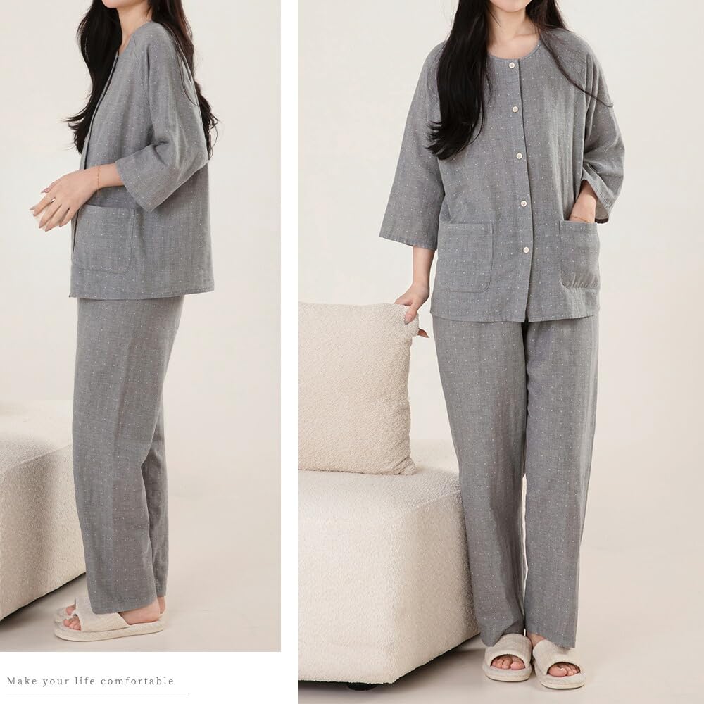 Yes Family Double Gauze Pajama Polka Dot XL Women's Set, 100% Cotton, 3/4 Sleeves, Pattern,