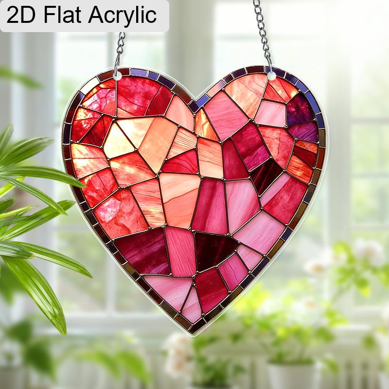 Acrylic Stained Glass Style Heart Suncatcher, 2D Flat Acrylic Window Hanging Ornament for Valentine's Day & Love Themed Gifts