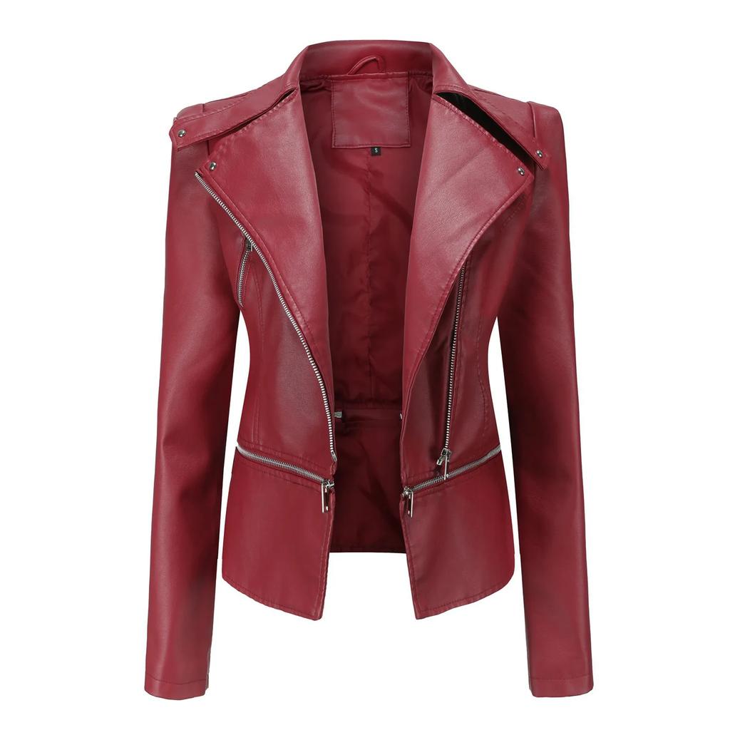 Frühling Herbst Motorrad PU Lederjacke Damen Lässiger Ledermantel Damen Langarm Umlegekragen Einfarbig Oberbekleidung