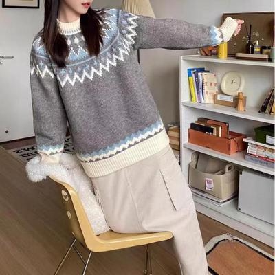 European & American Women's Color Block Round Neck Loose Pullover Sweater