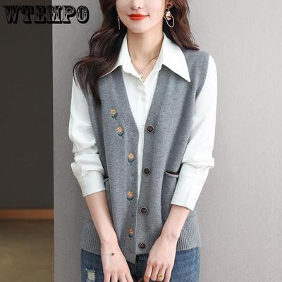 Embroidered V-neck Vest Cardigan Women's Spring and Autumn Vest Loose Knitted Cardigan Sweater Vest