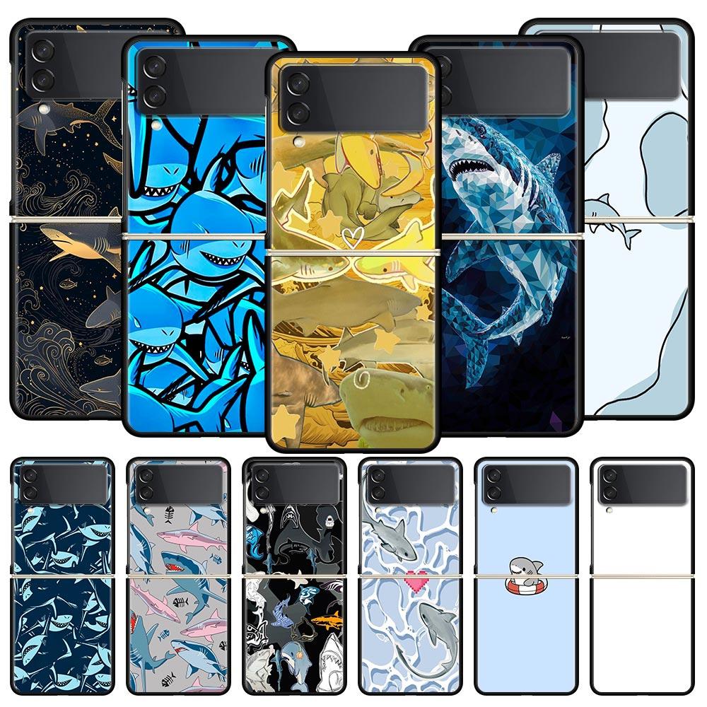 Seaside Sharks Pattern Hard PC Phone Case For Samsung Galaxy Z Flip 7 6 5 4 Black Cover For Galaxy Z Flip 3 Foldable Shell Capas