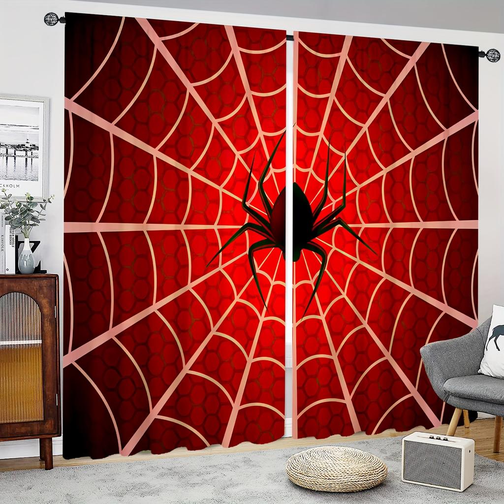2 Stück Rote Spinnennetz HD Digitaldruck Vorhänge Heimdeko Wohnzimmer Schlafzimmer Stangentaschenvorhänge Arbeitszimmer Fenster Büro Heimdeko