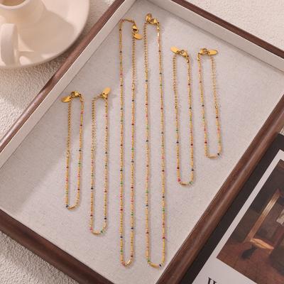 Sweet Wind Color Mini Design Oil Drop Round Bead Necklace Women'S Simple Gold Anklet Bracelet Titanium Steel Set
