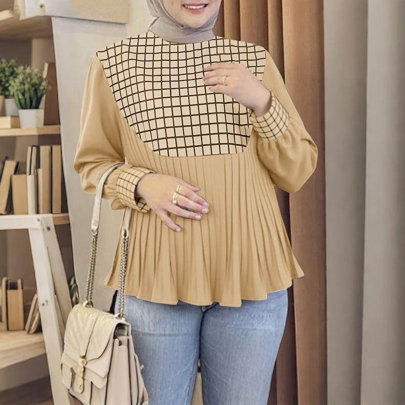 ZANZEA Women Casual Round Neck Plaid Print Patchwork Long Sleeve Blouse