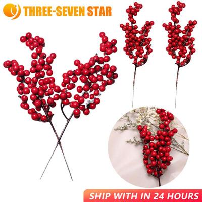10PCS Chritsmas Decoration Red Berries Simulation Berry Branches Cherry Stamen For Home Xmas New Year Gift Wedding Flower Wreath
