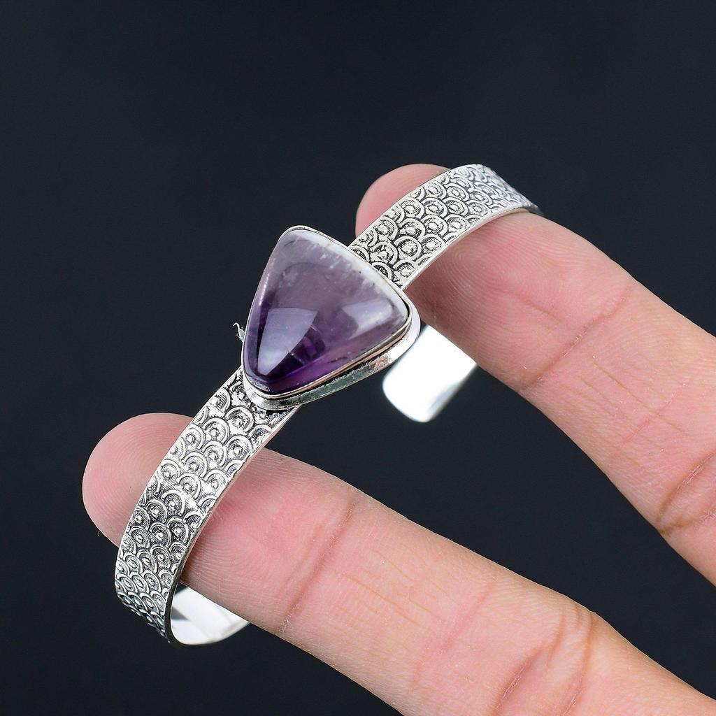 Chevron Amethyst Gemstone 925 Silver Artisan Crown Chakra Wife Bangle Bracelet