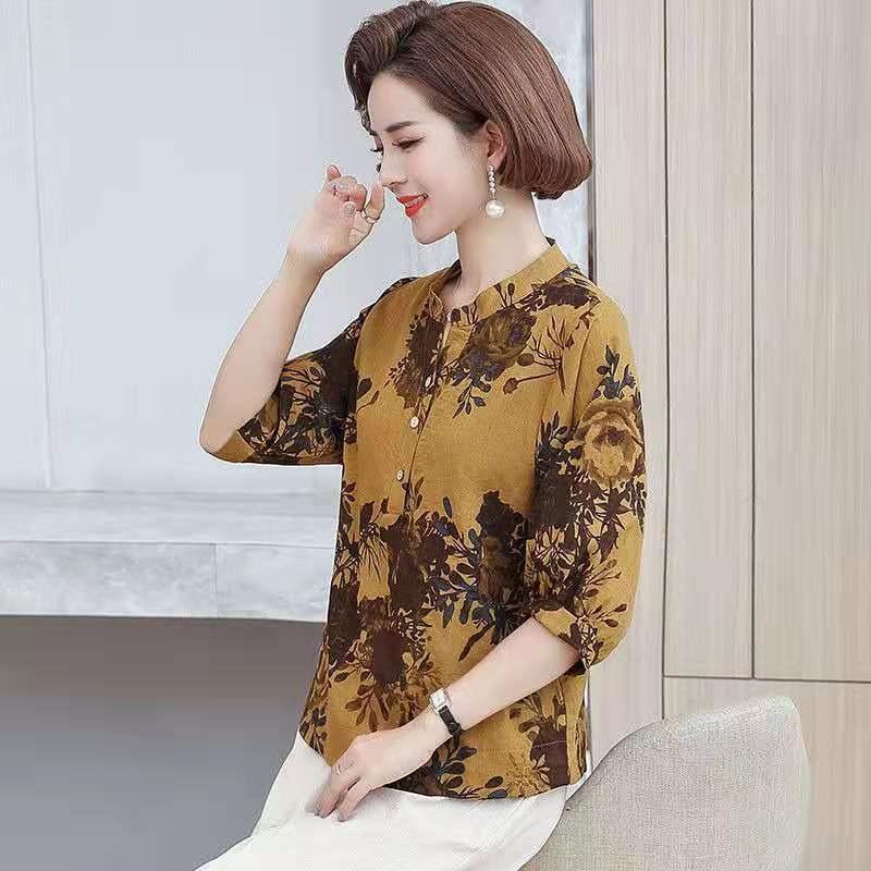 2025 Summer Dress Foreign-style T-shirt Fashion Middle-aged Women's Five-sleeve Cotton Blouse